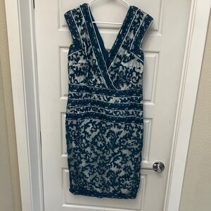 Tadashi Shoji Teal and‎ White Midi Dress